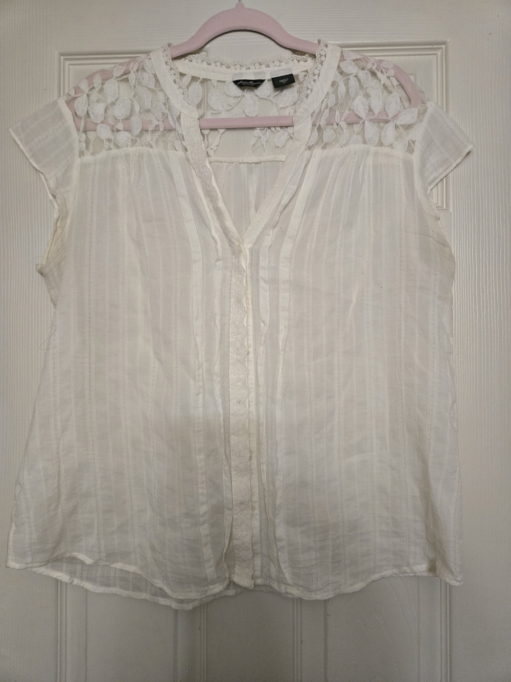 Eddie Bauer White Lace-Yoke Cap Sleeve Blouse